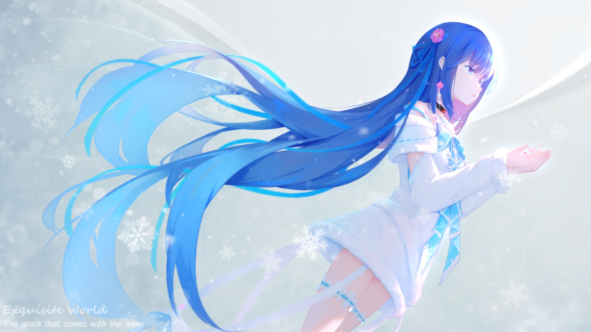 1girl, absurdres, ai_floverse, bangs, black_choker, blue_eyes, blue_hair, blue_ribbon, choker, colored_eyelashes, colored_inner_hair, cowboy_shot, cupping_hands, dress, dutch_angle, earrings, flower, flower_earrings, from_side, fur_trim, gradient, gradient_background, hair_flower, hair_ornament, hair_ribbon, highres, jewelry, long_hair, long_ribbon, long_sleeves, looking_afar, multicolored_hair, necklace, off_shoulder, original, parted_lips, petals, pink_flower, ribbon, short_dress, snow, snowflakes, solo, strap_slip, swept_bangs, thigh_strap, tsurime, very_long_hair, white_dress