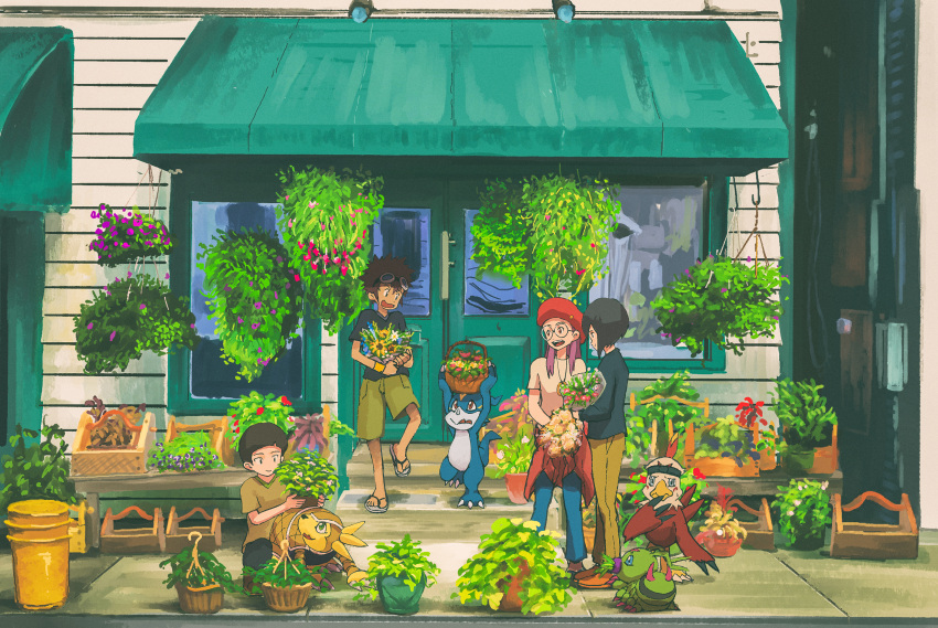 1girl, 3boys, absurdres, armadimon, beak, belt, carrying_overhead, commentary