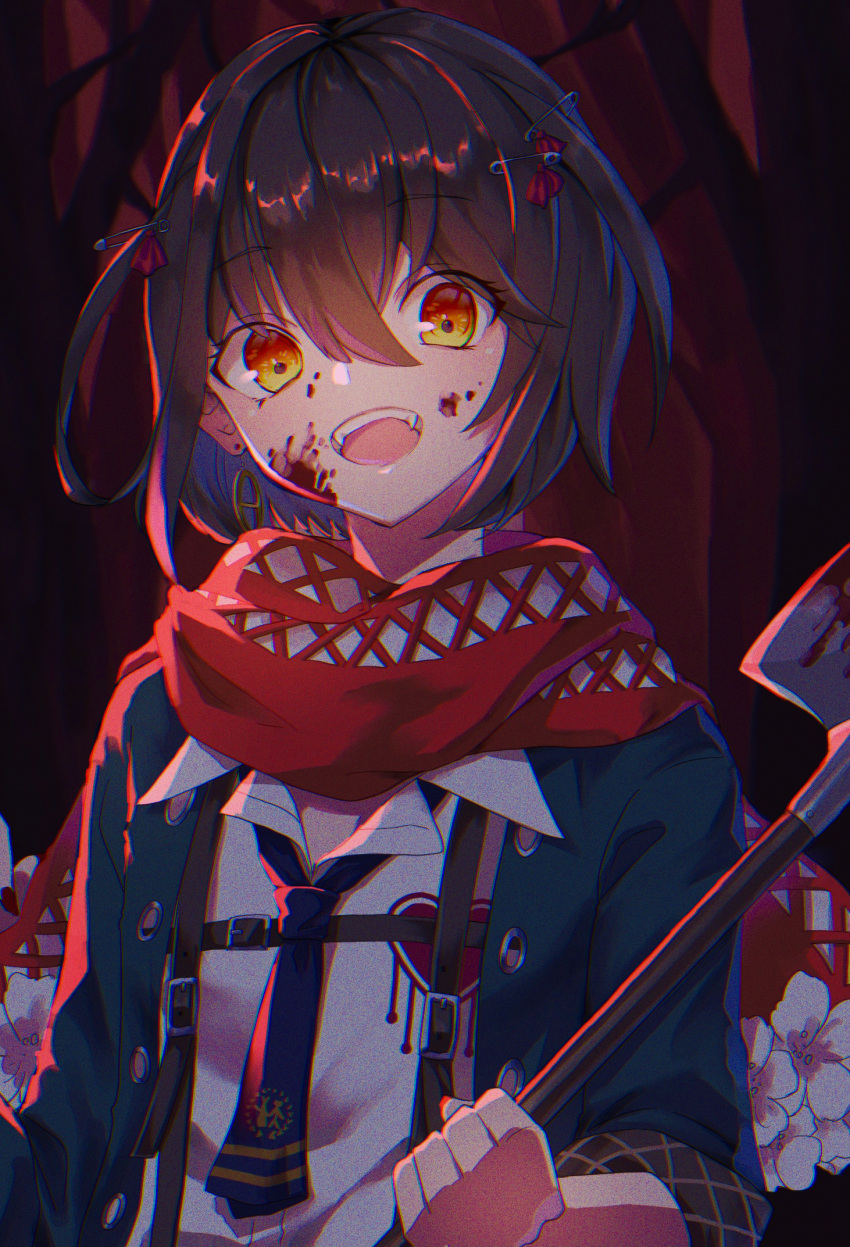 0_sakana_san, 1girl, :d, bangs, blood, blood_on_face, blood_on_weapon, blue_necktie