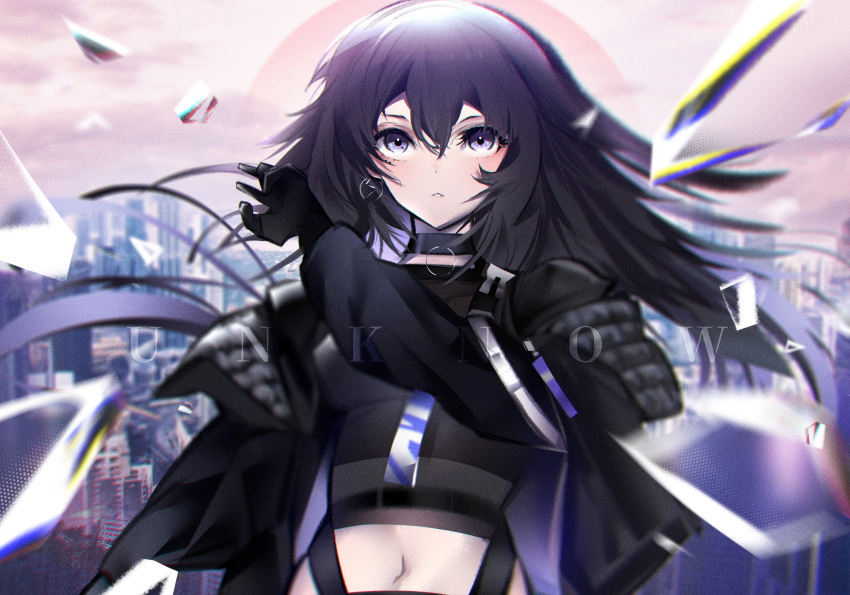 1girl, absurdres, bangs, black_choker, black_gloves, black_hair, black_jacket, black_shirt, blurry, blurry_background, choker, earrings, floating_hair, gloves, grey_eyes, hair_between_eyes, highres, jacket, jewelry, kamitsubaki_studio, koko_(kamitsubaki_studio), long_hair, looking_at_viewer, midriff, navel, open_clothes, open_jacket, parted_lips, shirt, simoxia, solo, stomach, upper_body, virtual_youtuber