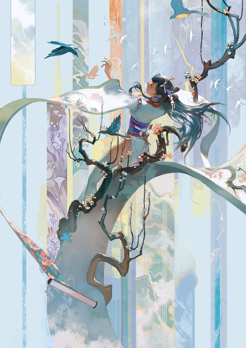 1girl, absurdres, arm_up, bird, blue_hair, branch, character_request, chinese_commentary