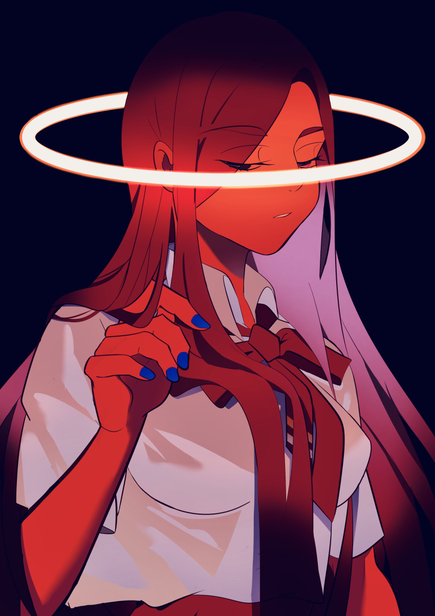 1girl, absurdres, black_background, black_eyes, blue_nails, breasts, brown_hair, collared_shirt, hair_behind_ear, half-closed_eyes, halo, highres, k-pop, kim_lip, long_hair, looking_down, loona_(group), medium_breasts, miaoling_lao_tai, neck_ribbon, parted_lips, real_life, red_ribbon, ribbon, shirt, solo, upper_body, very_long_hair, white_shirt