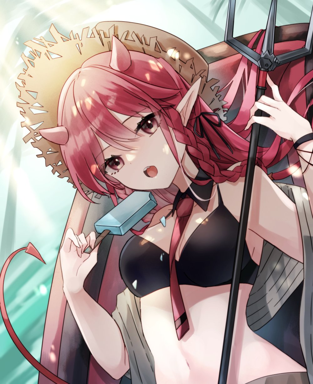 1girl, arknights, bikini, black_bikini, black_collar, black_ribbon, black_wristband, braid, breasts, brown_headwear, collar, demon_girl, demon_horns, demon_tail, detached_sleeves, eyebrows_visible_through_hair, fang, food, hair_ribbon, hand_up, hat, highres, holding, holding_food, holding_polearm, holding_weapon, horns, looking_at_viewer, medium_breasts, navel, necktie, official_alternate_costume, open_mouth, pointy_ears, polearm, popsicle, red_eyes, red_necktie, redhead, ribbon, saiko_(saisaka), solo, stomach, straw_hat, swimsuit, tail, trident, upper_body, vigna_(arknights), vigna_(casual_vacation)_(arknights), weapon