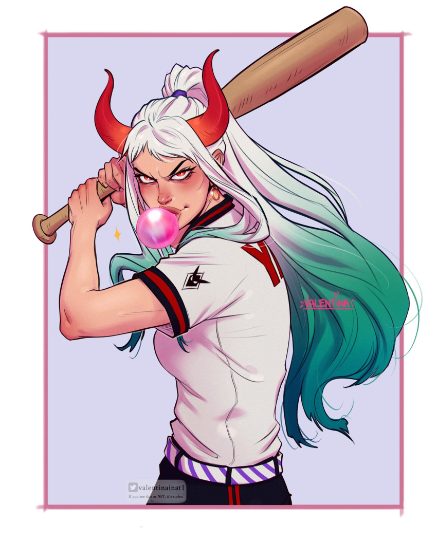 1girl, alternate_costume, artist_name, bare_arms, baseball_bat, baseball_uniform, border, bubble_blowing