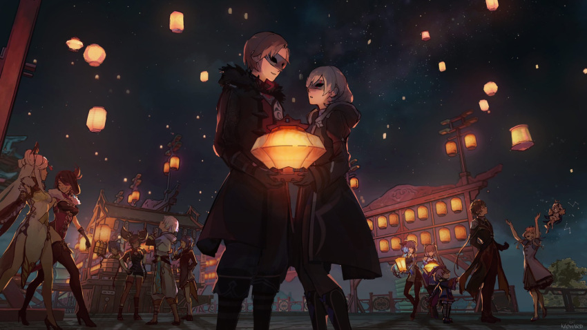 4boys, 6+girls, bangs, beidou_(genshin_impact), black_coat, black_footwear, black_gloves, black_pants