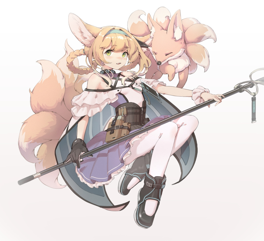1girl, animal, animal_ears, arknights, bare_shoulders, black_collar, black_footwear, black_gloves, blonde_hair, blue_dress, blue_hairband, blush, braid, brown_bag, collar, dress, earpiece, fox, fox_ears, fox_girl, fox_tail, full_body, gloves, green_eyes, hairband, highres, holding, holding_staff, hoshimiya_kanata, id_card, infection_monitor_(arknights), kitsune, looking_at_viewer, multicolored_hair, multiple_tails, open_mouth, oripathy_lesion_(arknights), pantyhose, pouch, shoes, short_hair, sidelocks, simple_background, single_glove, solo, staff, streaked_hair, suzuran_(arknights), tactical_clothes, tail, vest, white_background, white_hair, white_legwear