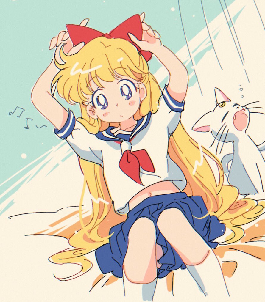 1girl, aino_minako, artemis_(sailor_moon), bishoujo_senshi_sailor_moon, bow, cat, fang, juuban_middle_school_uniform