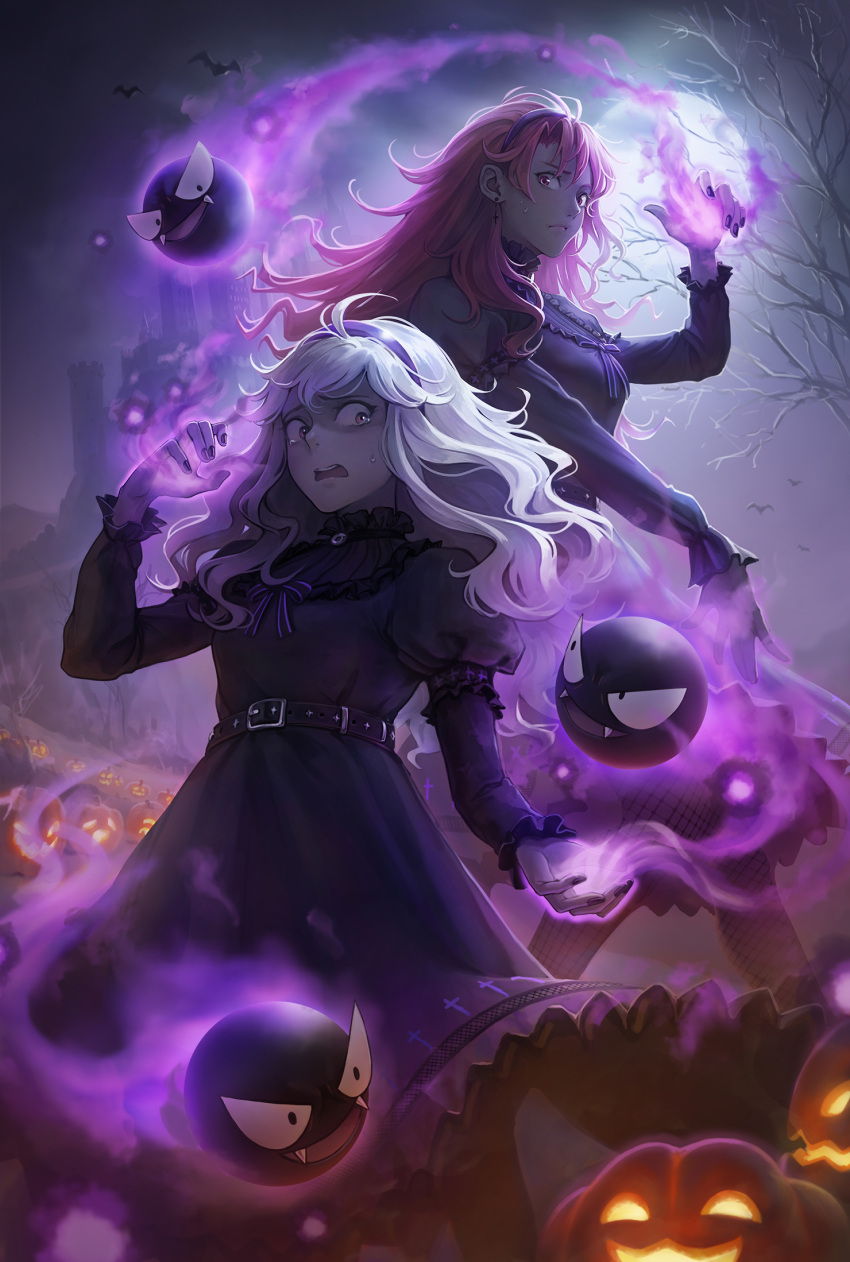 2girls, ahoge, bangs, bare_tree, black_dress, black_nails, commentary, cosplay, crossover, dress, energy, fire_emblem, fire_emblem:_three_houses, gastly, glowing, hairband, hapi_(fire_emblem), hex_maniac_(pokemon), hex_maniac_(pokemon)_(cosplay), highres, jack-o'-lantern, kazuko_(towa), long_hair, long_sleeves, lysithea_von_ordelia, multiple_girls, nail_polish, night, open_mouth, outdoors, pokemon, pokemon_(creature), pokemon_(game), pokemon_xy, purple_hairband, sky, teeth, tree, upper_teeth, wavy_hair