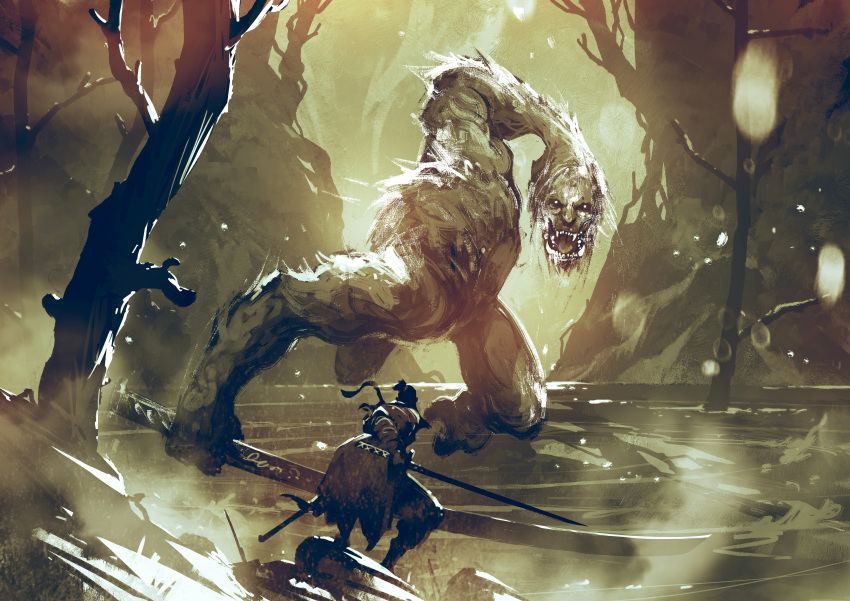 1boy, absurdres, animal, ape, bare_tree, black_hair, blood, dismemberment
