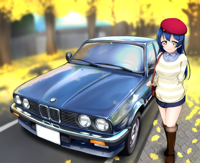 1girl, autumn, bangs, beret, blue_hair, blush, bmw, bmw_m3, boots, car, commentary_request, ground_vehicle, hat, highres, long_hair, looking_at_viewer, love_live!, love_live!_school_idol_project, motor_vehicle, smile, solo, sonoda_umi, standing, striped, swept_bangs, yellow_eyes