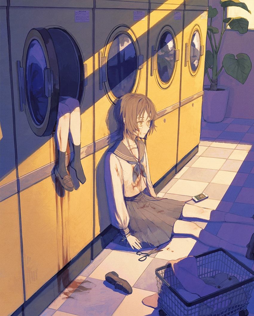 2girls, absurdres, blood, blood_on_clothes, blood_on_face, blood_splatter, cellphone, cellphone_display