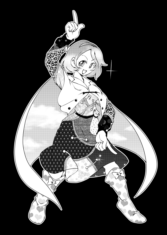 1girl, animal_print, bow, cape, cloak, dress, full_body, greyscale