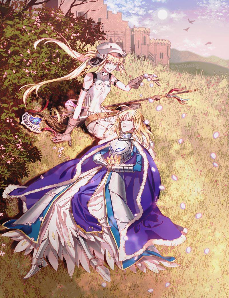 2girls, 3orgning, ahoge, alternate_hairstyle, animal, armband, armor, armored_boots, armored_dress, artoria_pendragon_(caster)_(fate), artoria_pendragon_(fate), bangs, bare_shoulders, belt, belt_buckle, bird, blonde_hair, blue_cape, blue_dress, boots, branch, breastplate, breasts, brown_belt, brown_gloves, buckle, cape, castle, commentary_request, crown, dress, dual_persona, eyebrows_visible_through_hair, fate/grand_order, fate/stay_night, fate_(series), floating_hair, flower, fur-trimmed_cape, fur_trim, gauntlets, gloves, grass, green_eyes, grey_headwear, hair_between_eyes, half-closed_eyes, hat, holding, holding_crown, knight, korean_commentary, lap_pillow, leaf, lips, long_hair, long_sleeves, looking_at_another, lying, moon, multiple_girls, official_alternate_hairstyle, outdoors, parted_lips, petals, pink_flower, pink_lips, plant, pocket, saber, sky, sleeveless, sleeveless_dress, small_breasts, smile, staff, teeth, twintails, twitter_username, very_long_hair, weapon, white_dress