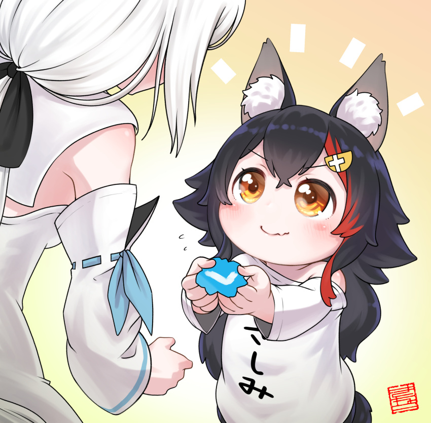 2girls, animal_ear_fluff, animal_ears, black_hair, blue_neckerchief, braid, clothes_writing, detached_sleeves, fox_girl, grey_hair, highres, hololive, kineko9218, long_hair, multicolored_hair, multiple_girls, neckerchief, ookami_mio, ponytail, redhead, shirakami_fubuki, shirt, side_braid, single_braid, streaked_hair, t-shirt, tail, tail_around_leg, tail_wrap, twitter, very_long_hair, virtual_youtuber, white_hair, white_sleeves, wide_sleeves, wolf_ears, wolf_girl, wolf_tail, yellow_eyes, younger