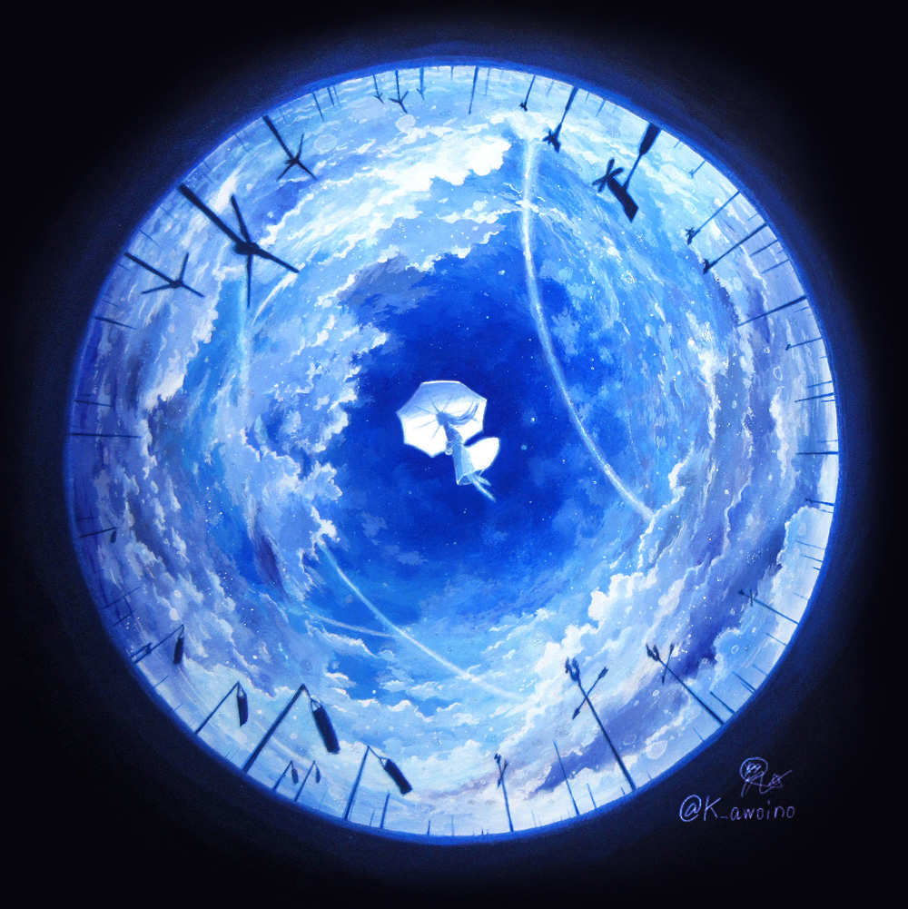 1girl, awoino, black_background, blue_sky, blue_theme, blurry, circle, clouds, cloudy_sky, condensation_trail, depth_of_field, dress, fisheye, floating_hair, flying, from_side, holding, holding_umbrella, long_hair, original, panorama, pinwheel, scenery, sky, solo, traditional_media, umbrella, umbrella_riding, weather_vane, white_dress, white_umbrella, windsock
