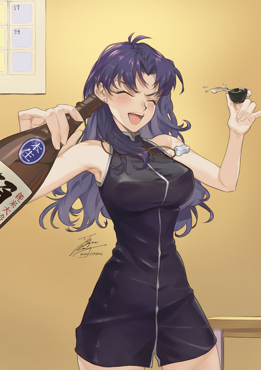 1girl, :d, alcohol, armpits, bare_legs, black_dress, blush, bottle