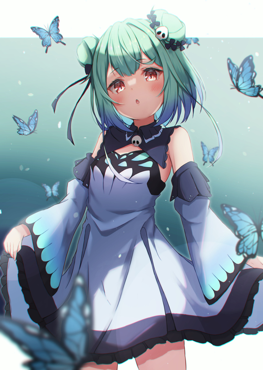 1girl, :o, animal_print, black_ribbon, blue_dress, blue_hair, blue_sleeves, blush