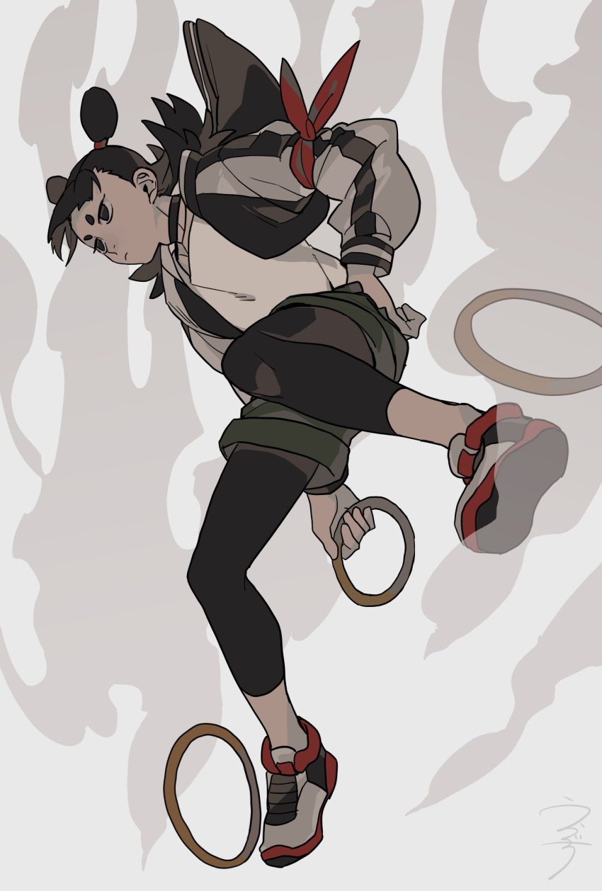 1boy, black_choker, black_eyes, black_hair, black_legwear, camouflage, camouflage_shorts, choker