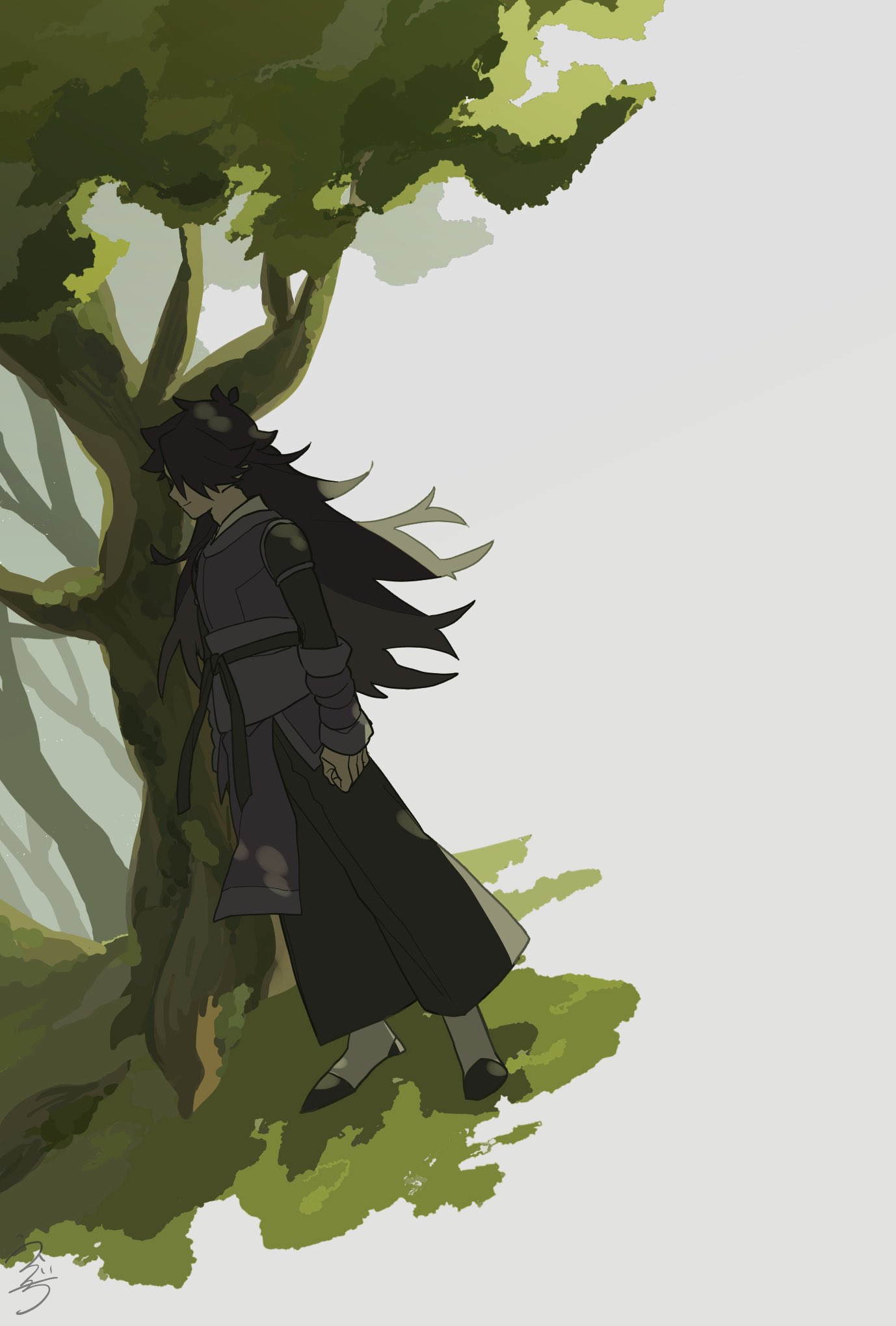 1boy, black_pants, drruraguchi, fengxi_(the_legend_of_luoxiaohei), highres, leaf, long_hair, long_sleeves