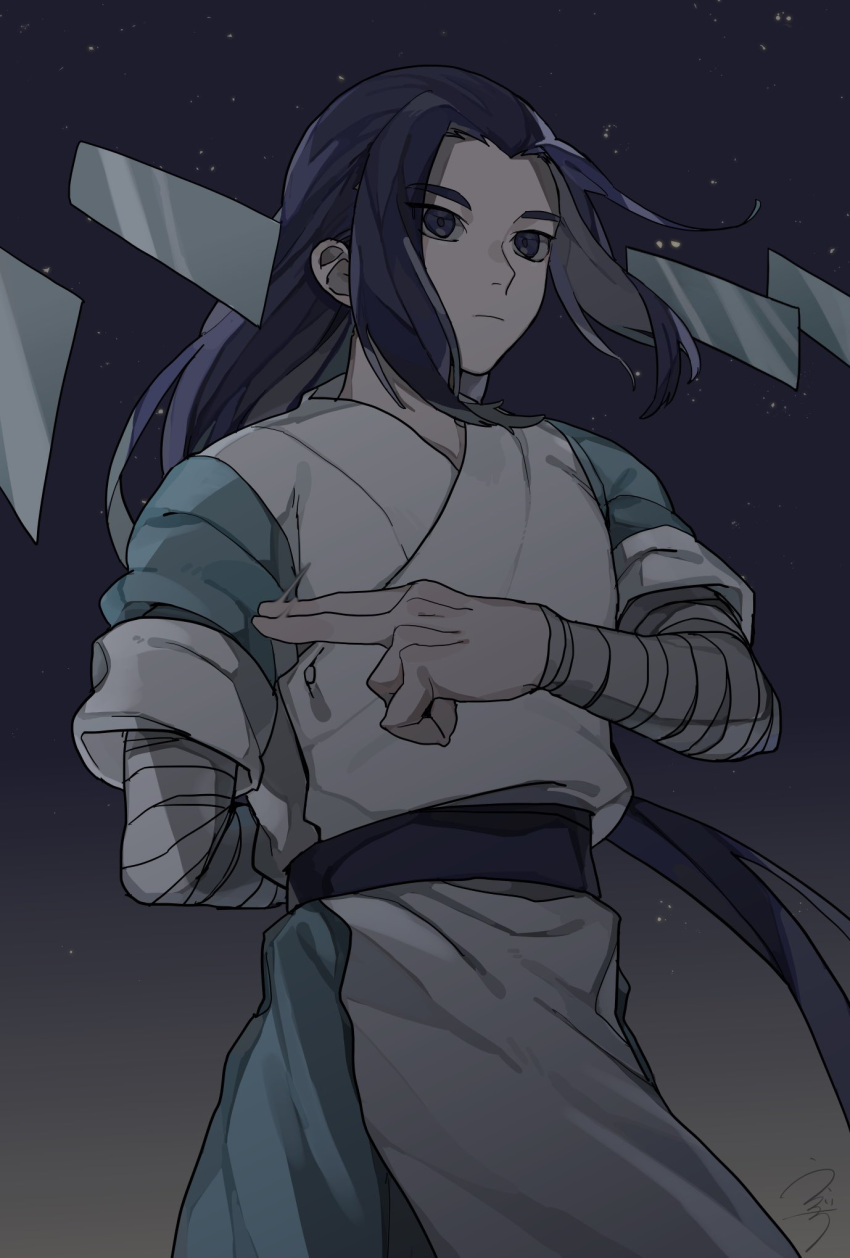 1boy, black_background, black_eyes, black_hair, drruraguchi, expressionless, floating, floating_object, gradient, gradient_background, highres, long_hair, short_sleeves, solo, the_legend_of_luo_xiaohei, upper_body, very_long_hair, wuxian_(the_legend_of_luoxiaohei)