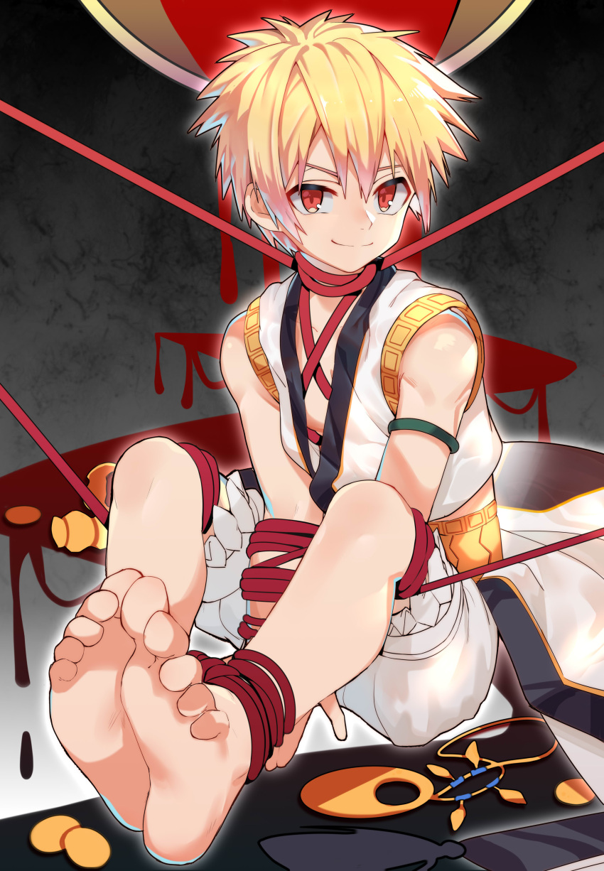 1boy, absurdres, bare_legs, barefoot, blonde_hair, bound, bound_arms, child, child_gilgamesh_(fate), closed_mouth, commentary, fate/grand_order, fate_(series), gilgamesh_(fate), highres, looking_at_viewer, male_focus, ribbon, shorts, sora_(zwz030)