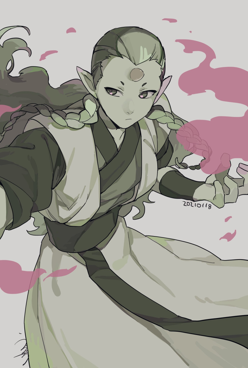 1boy, braid, cowboy_shot, dated, diting_(the_legend_of_luoxiaohei), drruraguchi, expressionless, fire, green_eyes, green_hair, grey_background, highres, horns, long_hair, pointy_ears, purple_fire, short_sleeves, simple_background, single_horn, solo, the_legend_of_luo_xiaohei, twin_braids