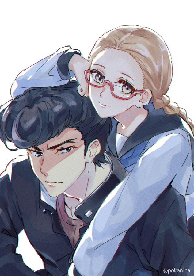 1boy, 1girl, backlighting, black_hair, black_sailor_collar, blonde_hair, blue_eyes, braid