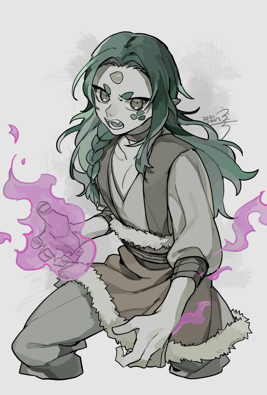 1boy, braid, cropped_legs, dated, diting_(the_legend_of_luoxiaohei), drruraguchi, fire, fur_trim