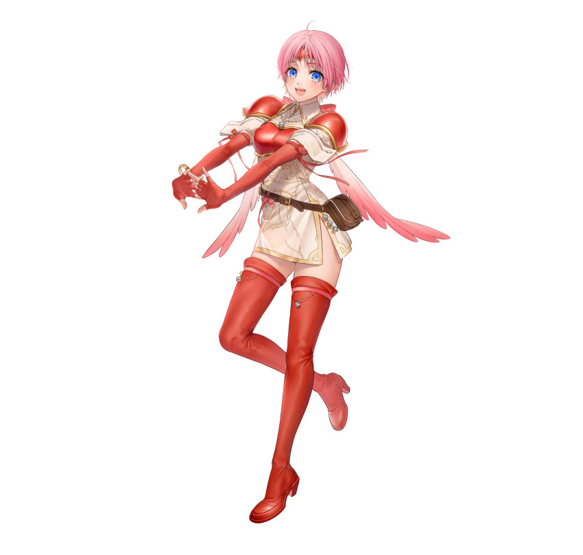 1girl, absurdres, armor, bangs, belt_pouch, blue_eyes, boots, bracelet