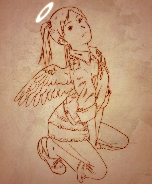 gotta_pee, haibane_renmei, halo, kneeling, midori_(haibane), midori_(haibane_renmei), monochrome, orange_(color), r_kampfgruppe, shoe_dangle, wings