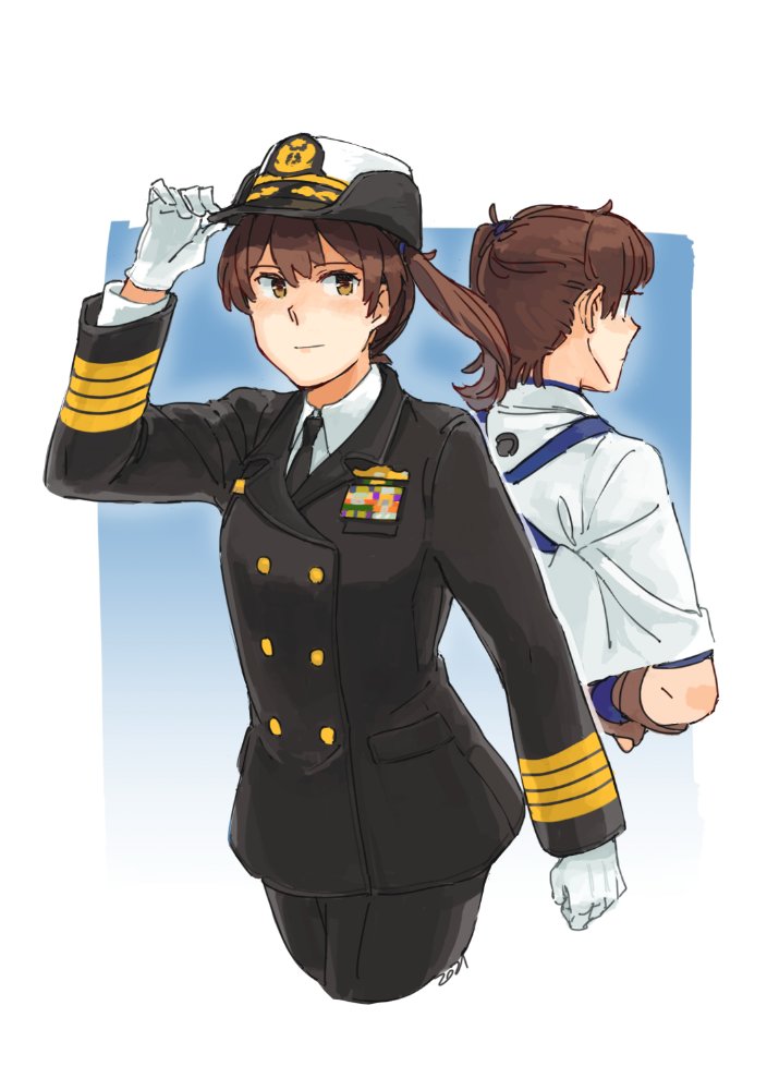 brown_eyes, brown_hair, gloves, japan_coast_guard, japan_maritime_self-defense_force, japan_self-defense_force, japanese_clothes, kaga_(kancolle)
