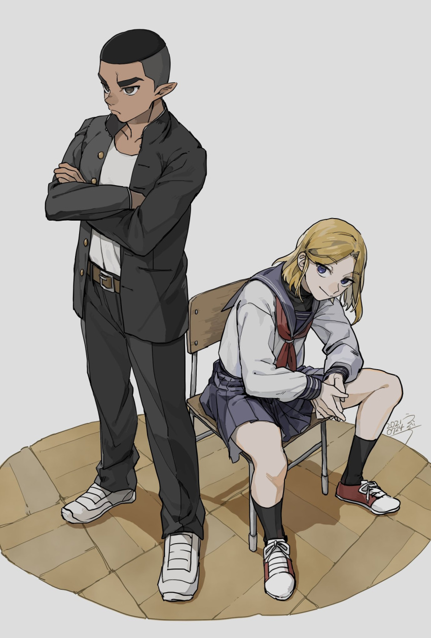 2boys, a'he_(the_legend_of_luoxiaohei), belt, black_hair, black_jacket, black_legwear, blonde_hair, blue_sailor_collar