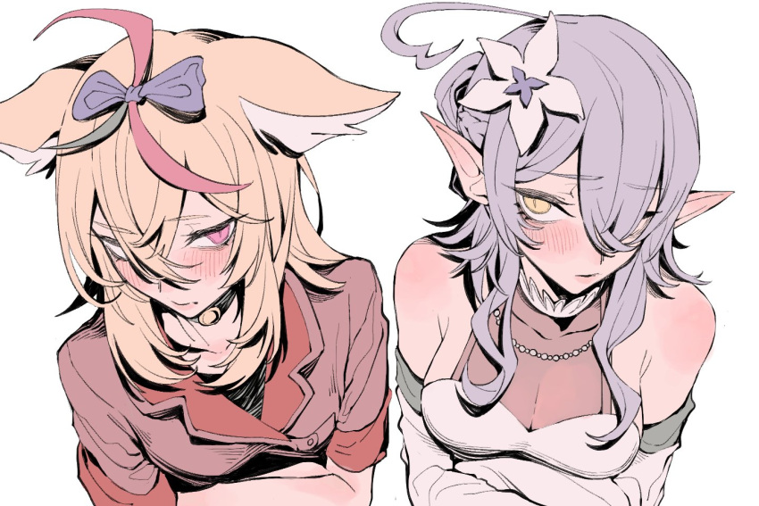 2girls, ahoge, animal_ears, bangs, bare_shoulders, blonde_hair, blue_hair, blush
