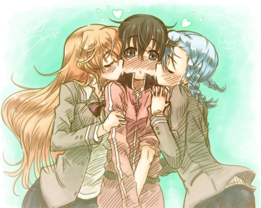 3girls, aqua_hair, black_eyes, black_hair, blush, braid, closed_eyes, duplicate