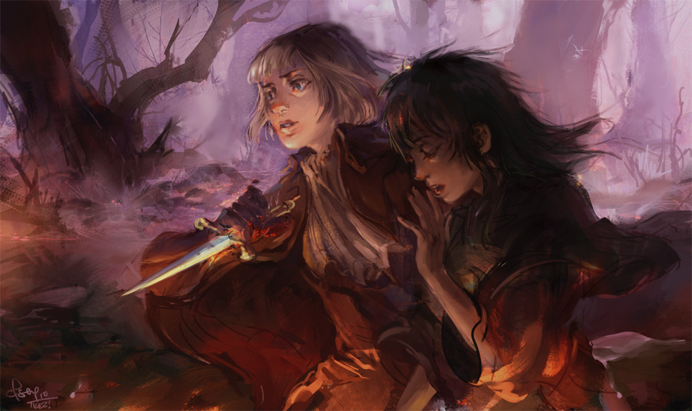 2girls, bangs, berserk, black_hair, blonde_hair, blue_eyes, casca_(berserk), closed_eyes