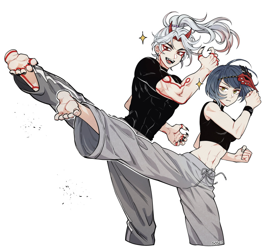 1boy, 1girl, abs, absurdres, ahoge, alternate_hairstyle, arataki_itto, bangs, barefoot, black_hair, black_nails, black_shirt, bodypaint, breasts, clenched_hand, closed_mouth, commentary, crop_top, cropped_legs, ear_piercing, english_commentary, expressionless, eyebrows_visible_through_hair, facepaint, fangs, fingernails, floating_hair, foot_out_of_frame, genshin_impact, gradient_hair, grey_pants, highres, horns, kicking, kujou_sara, long_hair, looking_at_viewer, mask, mask_on_head, medium_breasts, multicolored_hair, nail_polish, navel, oni_horns, open_mouth, pants, parted_bangs, piercing, pillosopi, ponytail, red_eyes, redhead, sharp_fingernails, shirt, short_hair, short_sleeves, signature, silver_hair, simple_background, sleeveless, sleeveless_shirt, smile, soles, sparkle, standing, standing_on_one_leg, stomach, striped, sweatband, sweatpants, swept_bangs, taut_clothes, taut_shirt, teeth, tengu_mask, toenail_polish, toenails, two-tone_hair, v-shaped_eyebrows, vertical_stripes, white_background, wristband, yellow_eyes