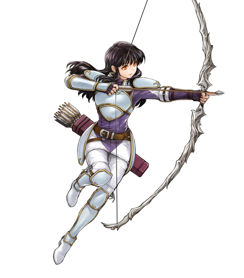 1girl, arm_guards, armor, arrow_(projectile), astrid_(fire_emblem), belt, black_hair, boots