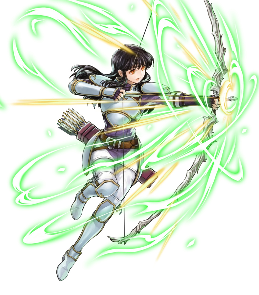 1girl, arm_guards, armor, arrow_(projectile), astrid_(fire_emblem), belt, black_hair, boots