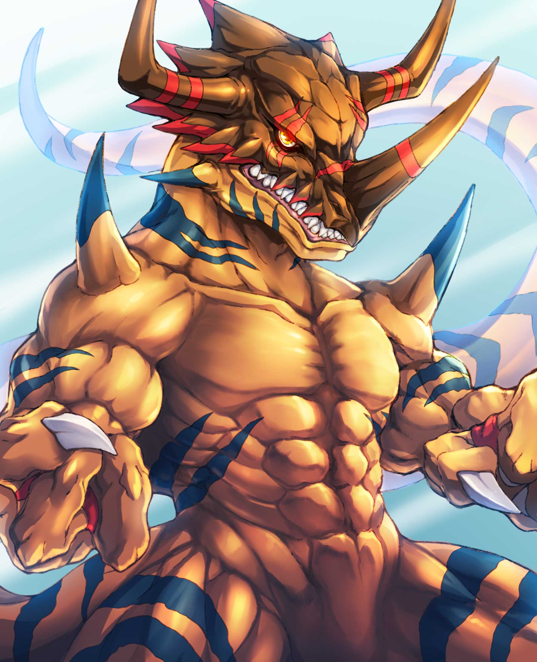 abs, claws, clenched_hand, closed_mouth, cowboy_shot, digimon, digimon_(creature), digimon_adventure