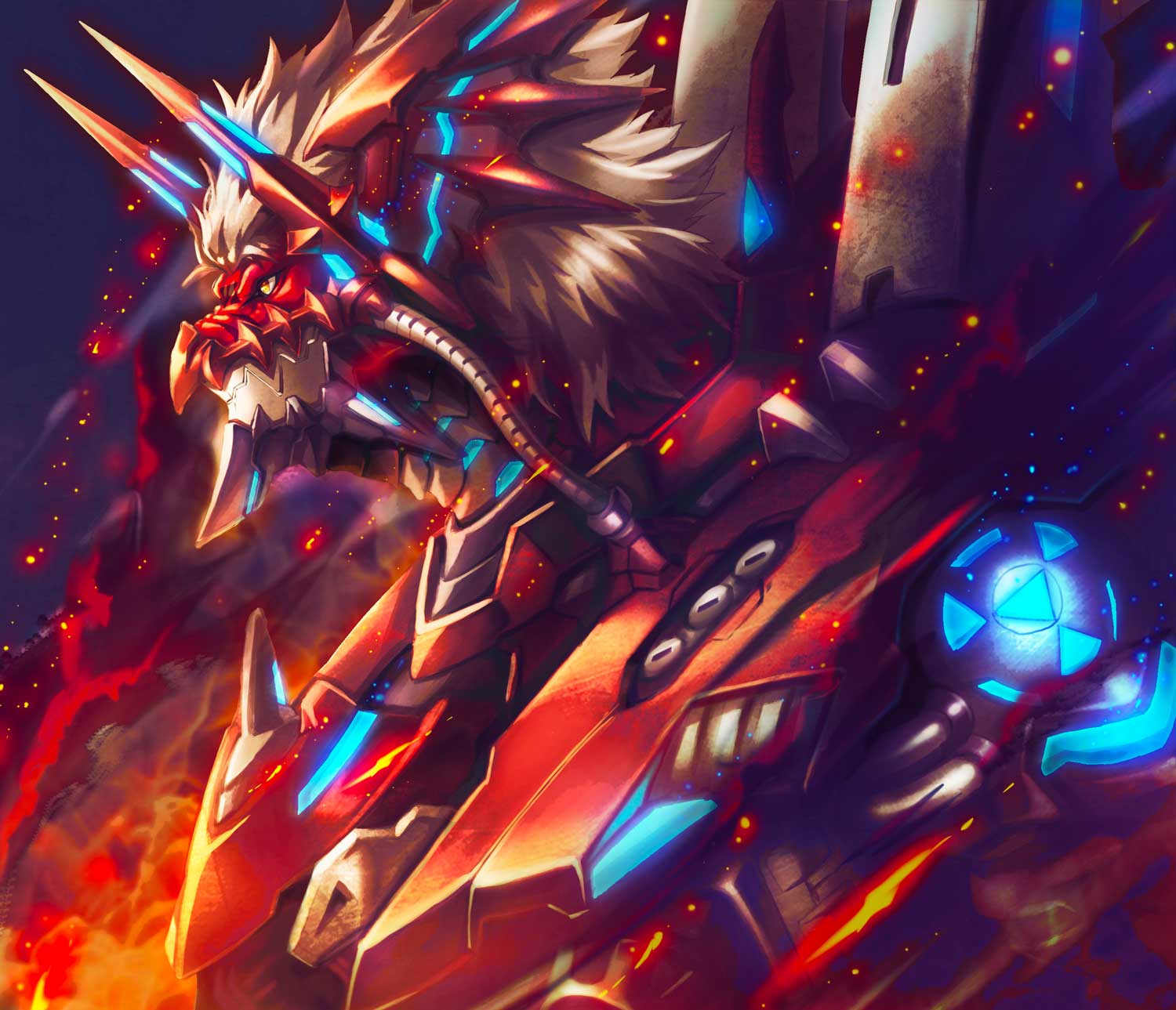 closed_mouth, digimon, digimon_(creature), fire, glowing, glowing_armor, highres, looking_ahead