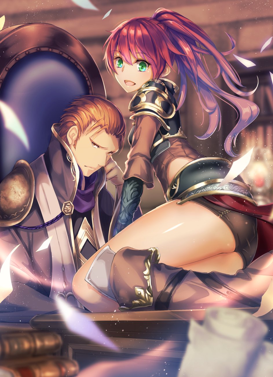 1boy, 1girl, :d, ain_soff_oulu, armor, black_shorts, blurry, boots