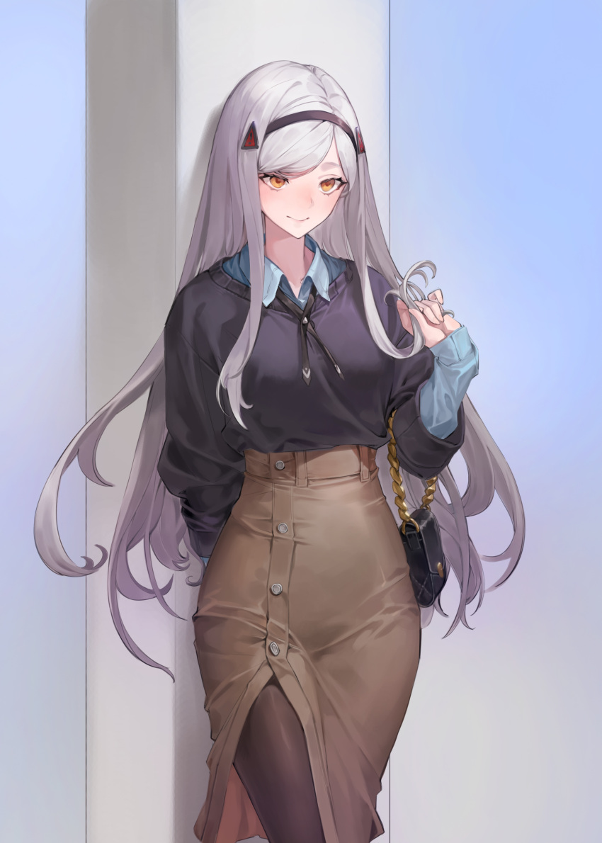 1girl, absurdres, against_wall, arm_behind_back, bag, bangs, blue_shirt, brown_skirt