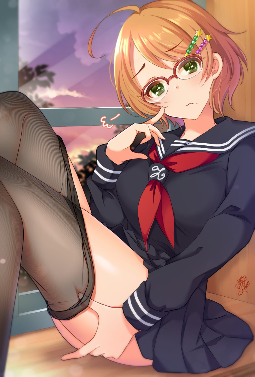 ahoge, clothes_pull, glasses, green_eyes, hair_ornament, hairpin, highres, idolmaster