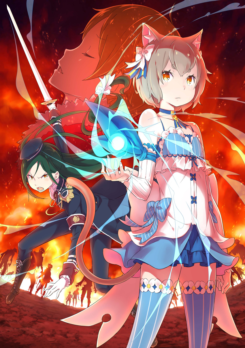 1girl, 2boys, absurdres, androgynous, animal_ear_fluff, animal_ears, armband, bangs