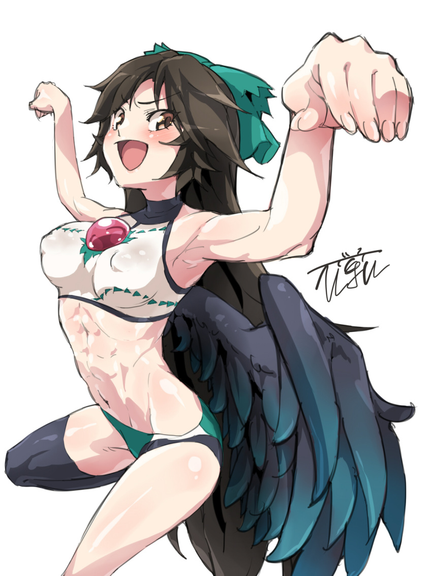 1girl, :d, abs, armpits, bird_wings, black_legwear, black_wings, bow