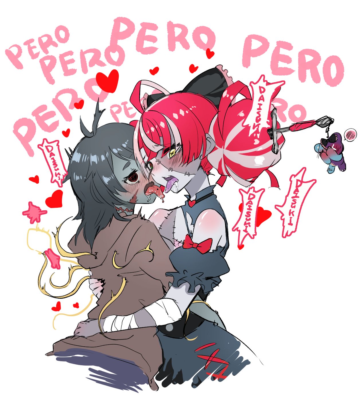 2girls, ahoge, bandaged_arm, bandages, black_bow, black_corset, blush, bow, brown_hoodie, colored_skin, corset, covering_face, double_bun, dress, eyebrows_visible_through_hair, french_kiss, frilled_bow, frills, green_eyes, grey_dress, grey_hair, grey_skin, hair_bow, heart, highres, hololive, hololive_indonesia, hood, hoodie, hug, indie_virtual_youtuber, kiss, kureiji_ollie, licking, medium_hair, multicolored_eyes, multicolored_hair, multiple_girls, pink_hair, red_eyes, redhead, stitched_face, stitched_torso, sui_hi_sf, sword, sword_in_head, tentacles, tongue, tongue_out, torn_clothes, udin_(kureiji_ollie), virtual_youtuber, weapon, yellow_eyes, yuri, zombie, zonbko