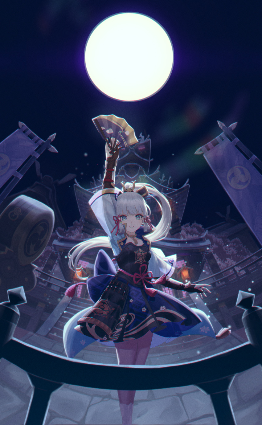 1girl, absurdres, arm_up, armor, bangs, black_gloves, blue_dress, blue_eyes