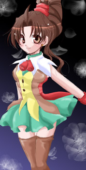 bell, brown_eyes, brown_hair, female, long_hair, meg_(suikoden), miniskirt, ponytail