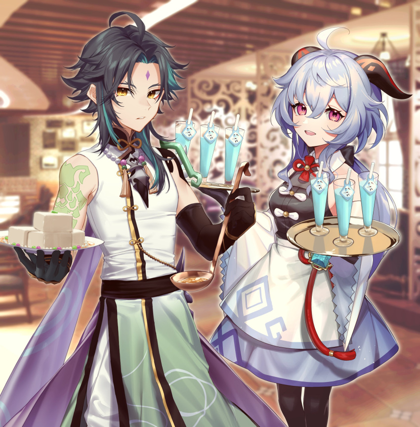 1boy, 1girl, absurdres, ahoge, almond_tofu_(genshin_impact), arm_tattoo, bangs, bead_necklace, beads, black_hair, black_legwear, blue_hair, blue_skirt, blush, botantouki, bow, bowtie, breasts, chinese_knot, dipper, drink, facial_mark, flower_knot, food, forehead_mark, ganyu_(genshin_impact), genshin_impact, highres, horns, indoors, jewelry, long_hair, looking_at_viewer, low_ponytail, medium_breasts, necklace, pants, shirt, sidelocks, skirt, smile, standing, tassel, tattoo, totomagg, tray, violet_eyes, vision_(genshin_impact), white_pants, white_shirt, xiao_(genshin_impact), yellow_eyes
