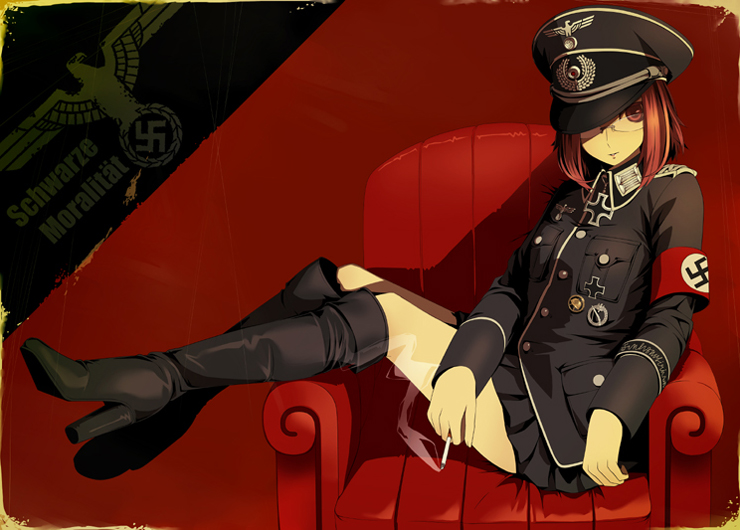 1girl, black_footwear, boots, cigarette, duplicate, glasses, hat, high_heel_boots